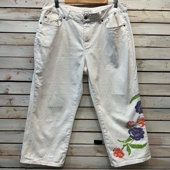 Coldwater Creek Pants - Vintage Coldwater Creek White Floral Wide Leg Cropped Jeans Cottagecore Boho 16P